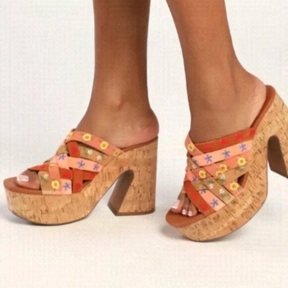 Free People Lisbon Sandbar Multi Suede Leather High Heel Platform Mules - Picture 3 of 8